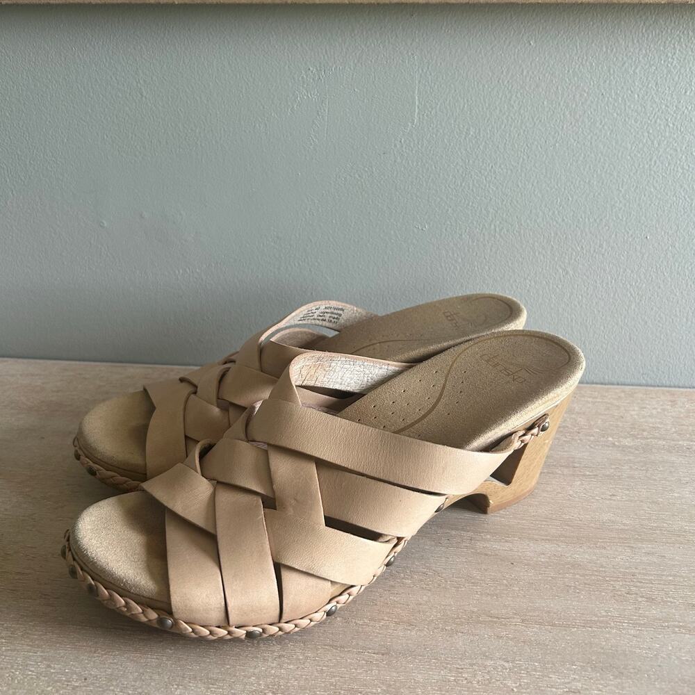 Dansko Natural Leather Woven Crisscross Wedge Sandals Classic Beige Wooden Heel